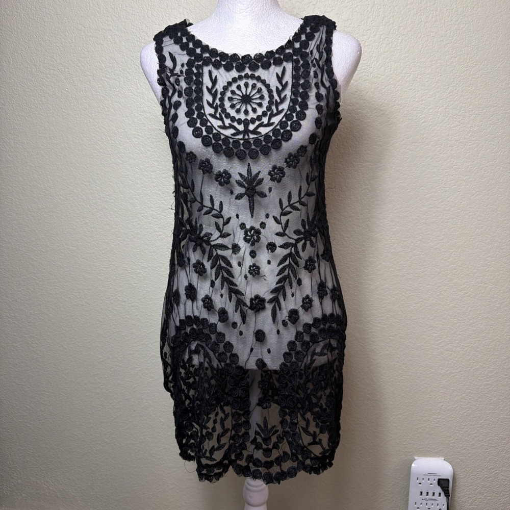 Free People Dress S Black Sheer Floral Overlay Boho Whimsigoth Festival Crochet